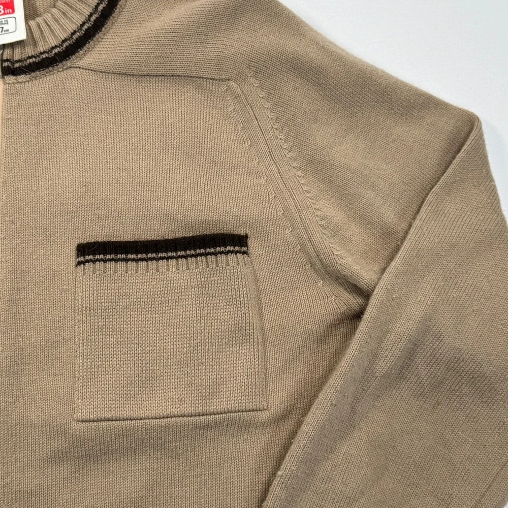 Vintage St Michael Mens Full Zip Cardigan Sweater Tan Brown Trim UK Made 38in